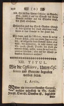 252-263, XIII. Titul. Wie die Officiers, Unter-Officiers und Gemeine begraben werden sollen.
