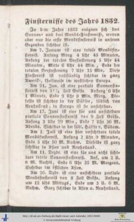 Finsternisse des Jahres 1852.