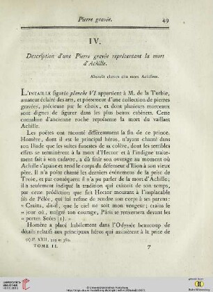 IV.Description d’une Pierre gravée représentant la mort d’Achille