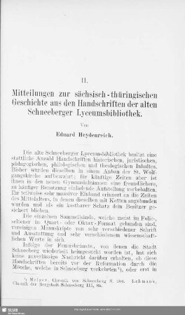 II. Mitteilungen zur sächsisch-thüringischen Geschichte aus den Handschriften der alten Schneeberger Lyceumsbibliothek