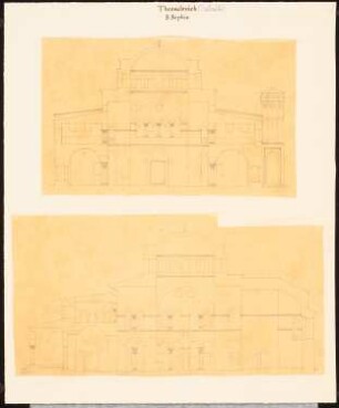S. Sophia (Hagia Sophia), Thessaloniki: Durchzeichnung, zwei Bätter: Längsschnitt und Querschnitt durch die Kuppel, Maßstabsleiste (Feet) (vermutlich nach Charles Texier und Richard P. Pullan, XXXVIII?)