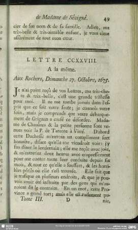 Lettre CCXXVIII. A la même. Aux Rochers, Dimanche 27. Octobre, 1675