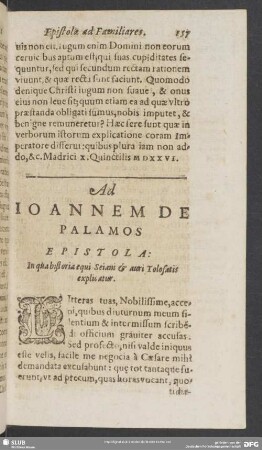 Ad Ioannem De Palamos Epistola: In qua historia equi Seiam & auri Tolosatis explicatur