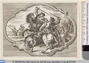 Zwei Reiter im Kampf mit gefallenem Pferd
