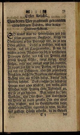 Erster Artickel. Von denen Vorzugweise genannten ehrwürdigen Vatern, oder denen Obervorstehern.