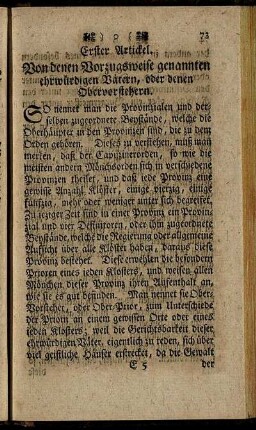 Erster Artickel. Von denen Vorzugweise genannten ehrwürdigen Vatern, oder denen Obervorstehern.