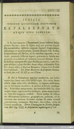 Iudicia Virorum Quorundam Doctorum De Palaephato Atque Eius Libello
