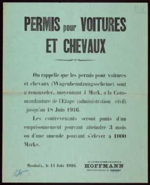 "Permis pour Voitures et Chevaux" (Aufforderung zur Erneuerung von Wagenbenutzungsscheinen)