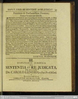 III, Disputatio Juridica De Sententia Et Re Judicata