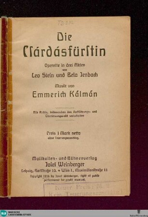Die Csárdásfürstin : Operette in drei Akten