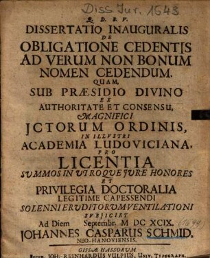Dissertatio Inauguralis De Obligatione Cedentis Ad Verum Non Bonum Nomen Cedendum