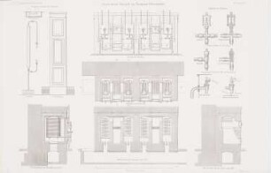 Landesirrenanstalt, Neustadt-Eberswalde: Ansichten, Schnitte, Details Heizöfen (aus: Atlas zur Zeitschrift für Bauwesen, hrsg. v. G. Erbkam, Jg. 19, 1869)