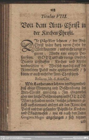 Titulus VIII. Von dem Anti-Christ in der Kirchen Christi