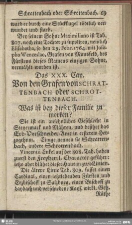 Das XXX. Cap. Von den Grafen von Schrattenbach oder Schrottenbach