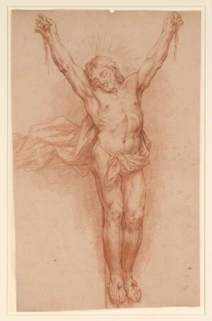 Vouet, Simon: Zeichnungen I, Blatt 18: Kruzifixus, ohne Kreuz (unten angedeutet), Blutbahnen von den Händen, wehendes Lendentuch - BSB Cod.icon. 397 a(18