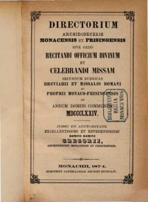 Directorium sive ordo divini officii recitandi et missae celebrandae. 1874