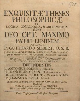 Exquisitae theses philosophicae ex logica, ontologia, & arithmetica