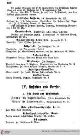Anstalten und Vereine a) Für Kunst und Wissenschaft