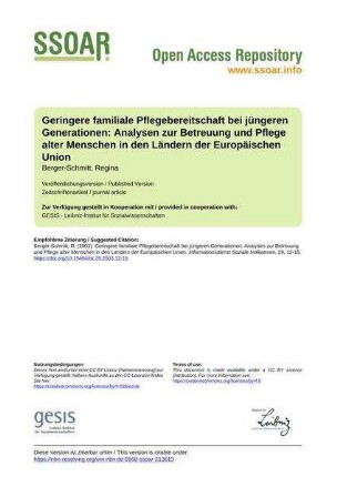 Geringere familiale Pflegebereitschaft bei jüngeren Generationen: Analysen zur Betreuung und Pflege alter Menschen in den Ländern der Europäischen Union
