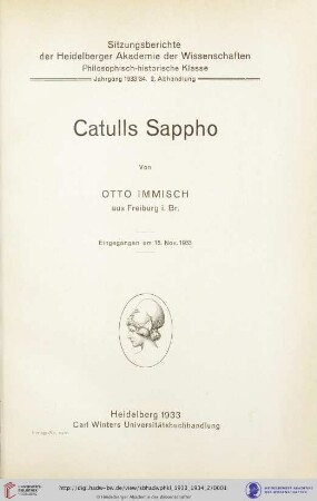 1933/34, 2. Abhandlung: Sitzungsberichte der Heidelberger Akademie der Wissenschaften, Philosophisch-Historische Klasse: Catulls Sappho