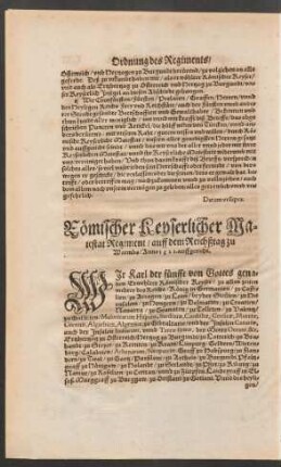 Römischer Keyserlicher Maiestat Regiment/ auff dem Reichßtag zu Wormbs/ Anno 1521. auffgericht.