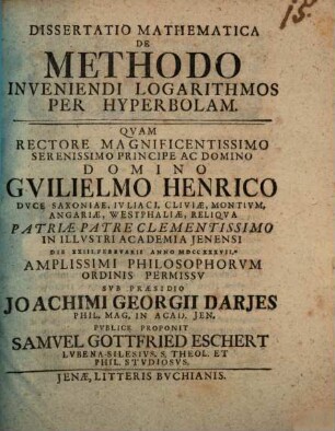 Diss. math. de methodo inveniendi logarithmos per hyperbolam