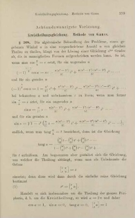 359-378, Achtundzwanzigste Vorlesung. Kreistheilungsgleichung. Methode von Gauss.