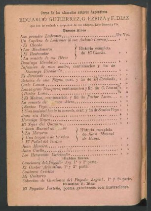 Obras de los afamados autores argentinos Eduardo Gutierrez, G. Ezeiza y F. Díaz
