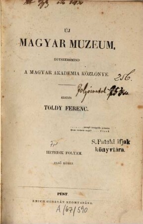 Új magyar múzeum : egyszersind a Magyar Academia közlönye, 7,1. 1857 = Jan. - Juni