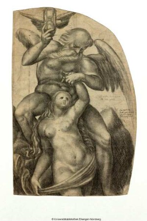 Saturn (der Tod) mit erhobener Sanduhr, eine nackte Frau zu sich emporziehend