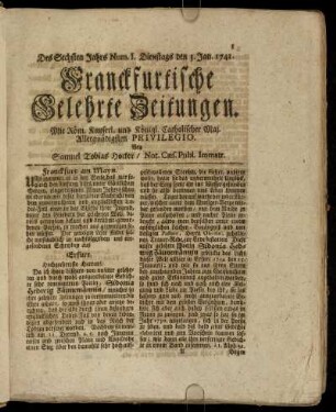 Num. I. Dienstags den 3. Jan. 1741 - Num. X. Freytags den 3. Febr. 1741