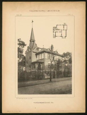 Landhaus Wilhelm Seibt, Berlin-Grunewald: Grundriss, Ansicht (aus: Die Villenkolonie Grunewald, hrsg. von Egon Hessling, Berlin 1903)