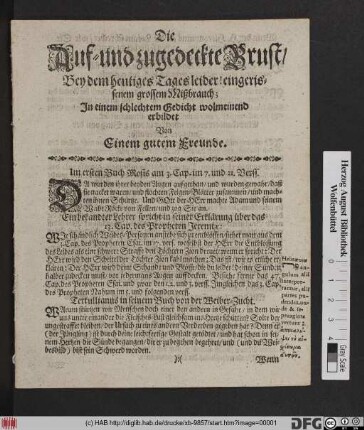 Die Auf- und zugedeckte Brust/ Bey dem heutiges Tages leider! eingerissenem grossem Mißbrauch : In einem schlechtem Gedicht wolmeinend erbildet