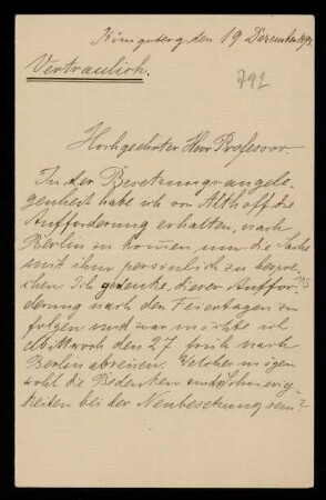 Nr. 792 Brief von David Hilbert an Felix Klein. Königsberg, 19.12.1893