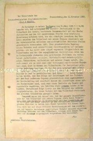 Rundschreiben des Vorsitzenden des Braunschweigischen Staatsministeriums an alle Staatsbehörden mit Anweisungen für die Verfahrensweise in Fragen des Völkerbundes