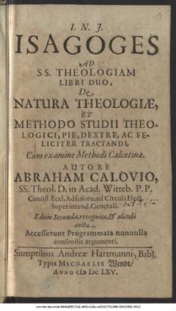 Isagoges Ad SS. Theologiam : Libri Duo ... ; Accesserunt Programmata nonnulla consimilis argumenti