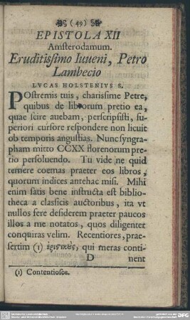 Epistola XII Amsterodamum. Eruditissimo Iuveni, Petro Lambecio Lucas Holstenius S.