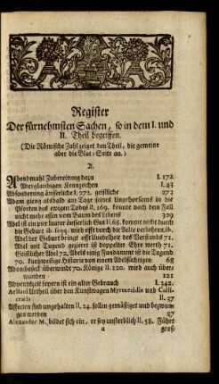 Register Der fürnehmsten Sachen, so in dem I. und II. Theil begriffen
