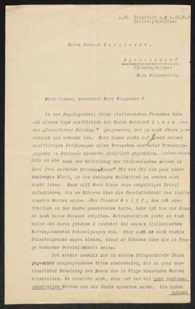 Brief von Konrad Haenisch an Gerhart Hauptmann