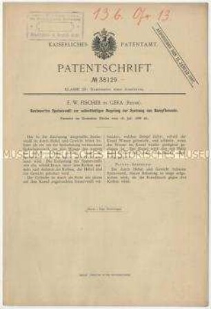 Patentschrift eines gesteuerten Speiseventils zur selbsttätigen Regelung der Speisung von Dampfkesseln, Patent-Nr. 38129
