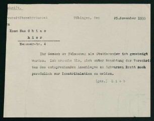 Gesuch um Zulassung als Studierender (25.11.1935)