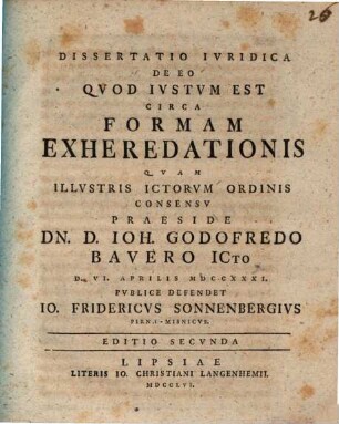 Diss. iur. de eo quod iustum est circa formam exheredationis