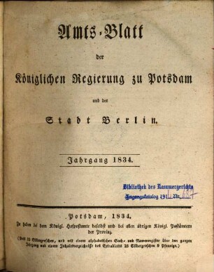 Amtsblatt der Regierung in Potsdam. 1834