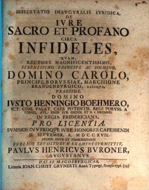 Dissertatio Inavgvralis Ivridica, De Ivre Sacro Et Profano Circa Infideles