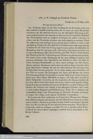 August Wilhelm von Schlegel an Friedrich Christoph Perthes, Stockholm, 29.03.1813