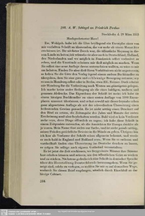 August Wilhelm von Schlegel an Friedrich Christoph Perthes, Stockholm, 29.03.1813