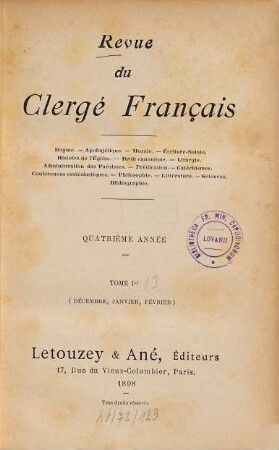 Revue du clergé français. 13. 1898 = Année 4