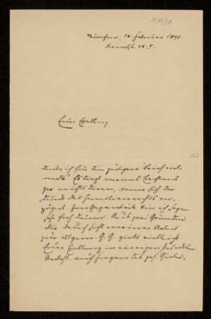 109: Brief von Karl von Unzer an Gottlieb Planck, München, 16.2.1898