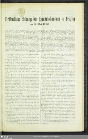 Oeffentliche Sitzung der Handelskammer zu Leipzig am 2. Mai 1902