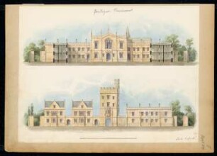 Predigerseminar Monatskonkurrenz April 1844: Aufriss Vorderansicht, Seitenflügel - Hofansicht (mit Querschnitten der angrenzenden Baauten); Maßstabsleiste
